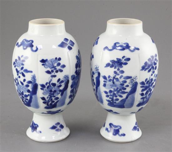 A pair of Chinese blue and white lobed ovoid vases, Kangxi period, 16.5cm, one with hairline crack